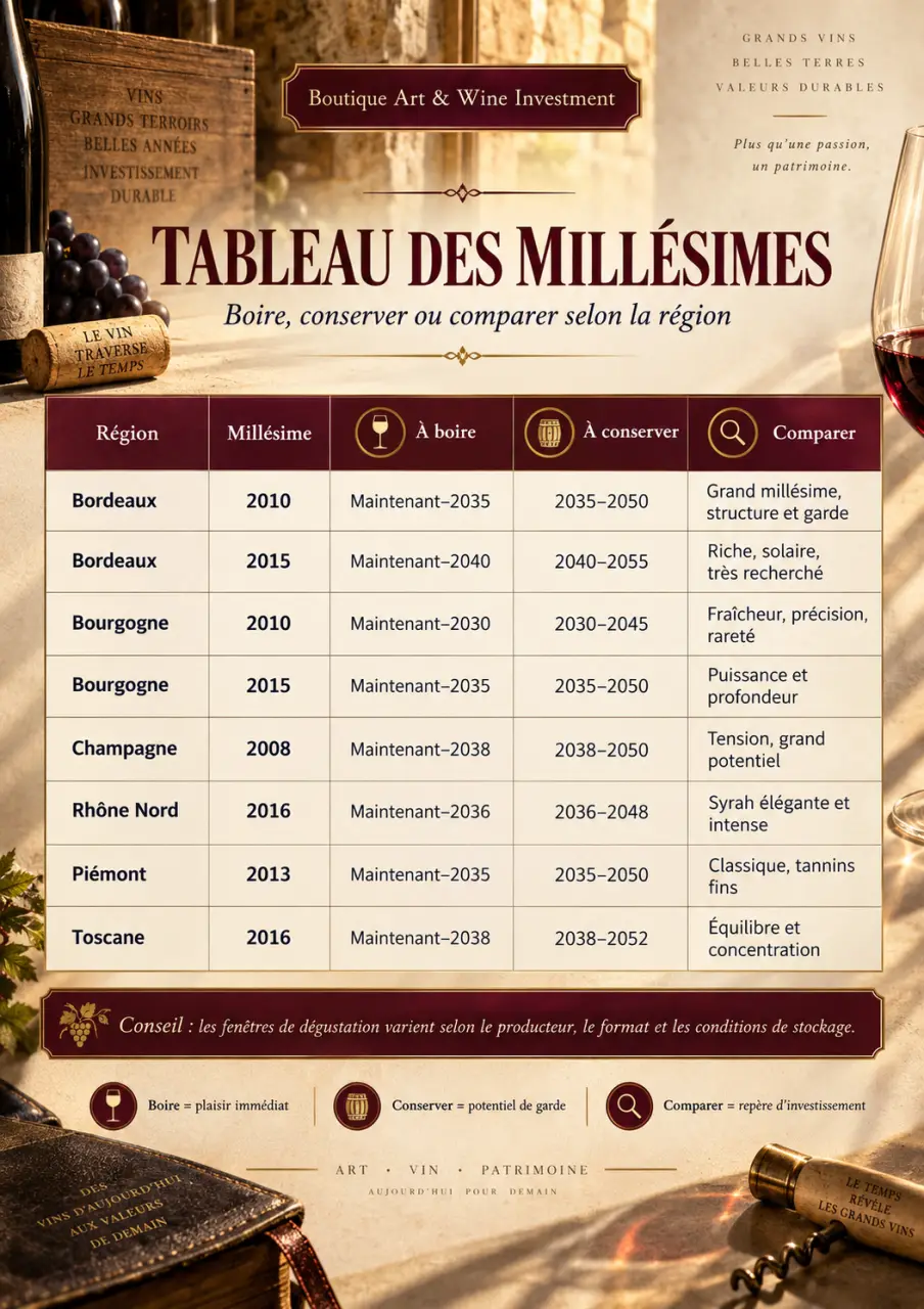 Tableau des millésimes en PDF : boire, conserver ou comparer selon la région