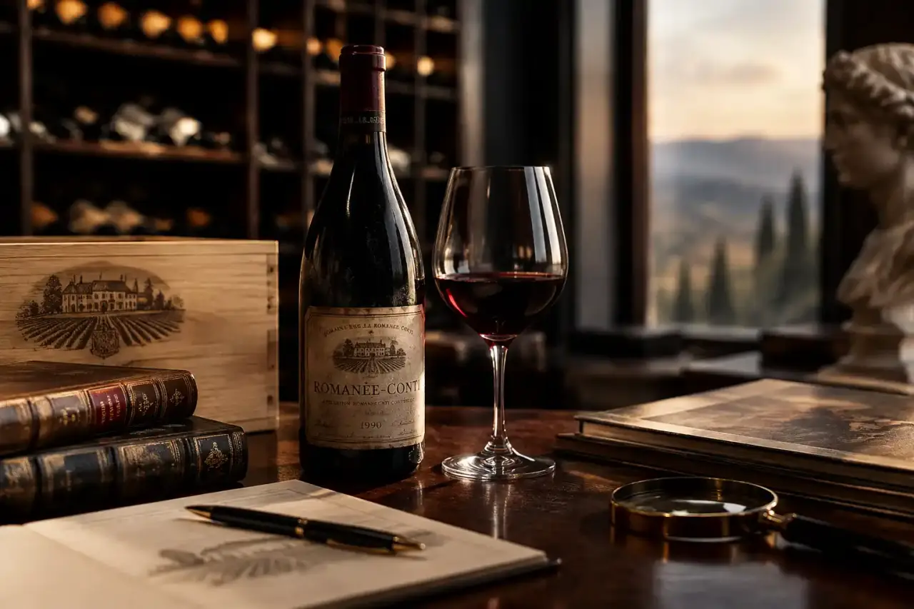 Bouteille de vin millésimée et texture d’une toile ancienne dans une ambiance clair-obscur