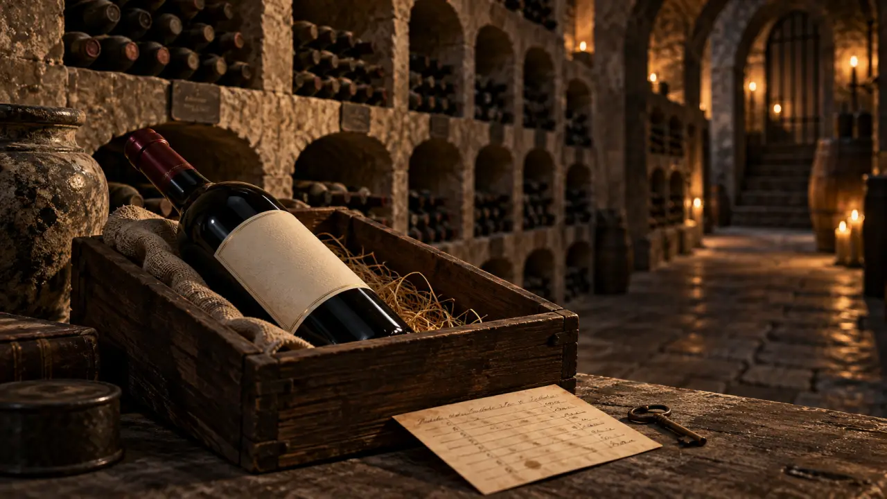 Bouteille de vin rare vieillissant dans une cave sombre et élégante