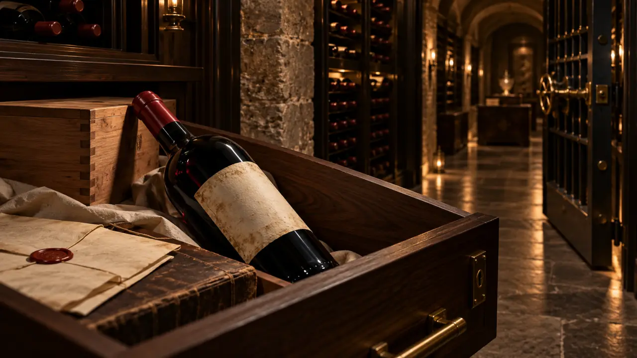 Bouteille de vin rare et texture ancienne dans une ambiance de cave élégante