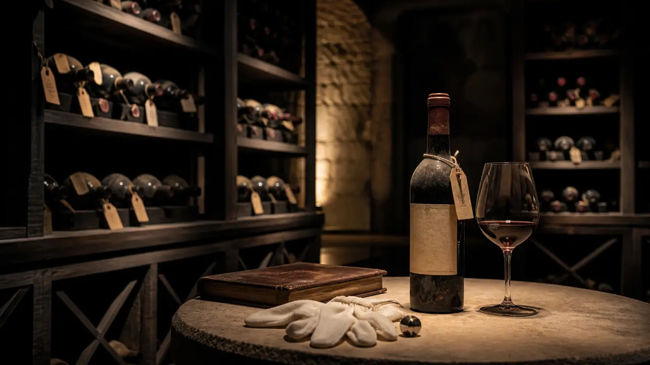 Composition éditoriale autour d'une cave à vin rare, dans une atmosphère dramatique et luxueuse