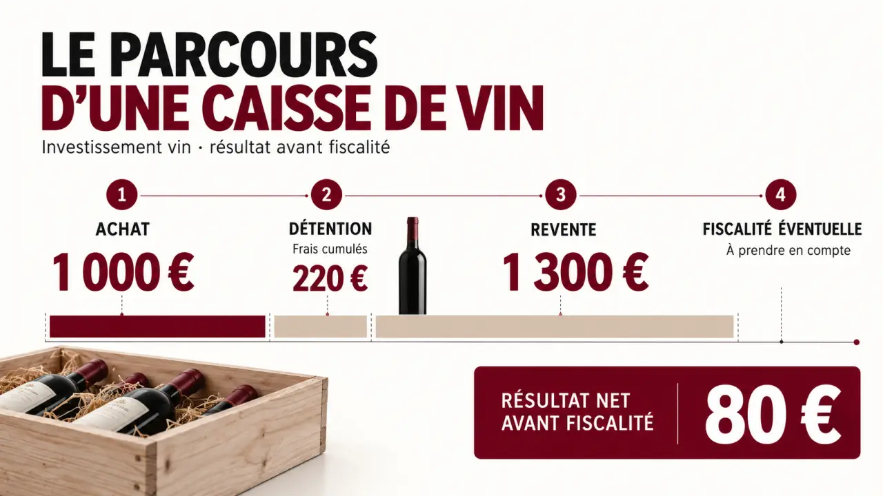Investissement vin : exemple de calcul du gain net après les frais d’achat, de garde et de revente