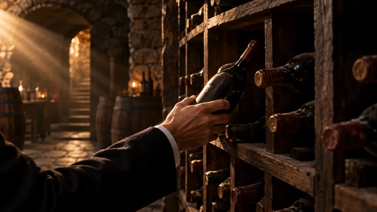 Bouteille de grand cru ancien dans une cave patrimoniale à la lumière dramatique