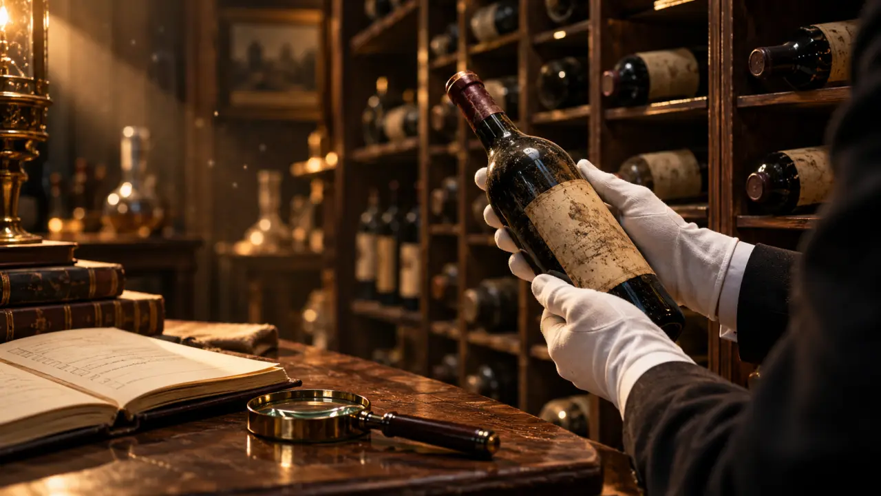Cave de vins rares et bouteilles millésimées dans une atmosphère sombre et élégante