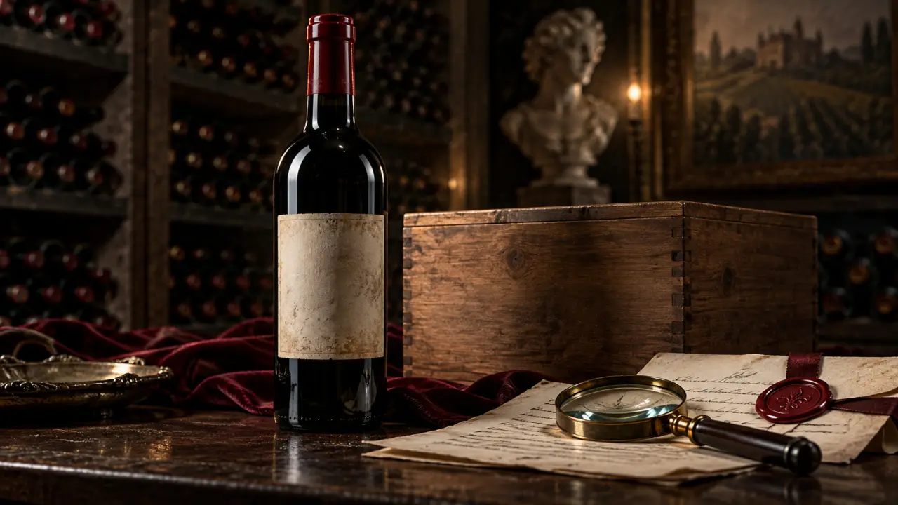 Bouteille de vin rare dans une cave ancienne, éclairée par une lumière dramatique