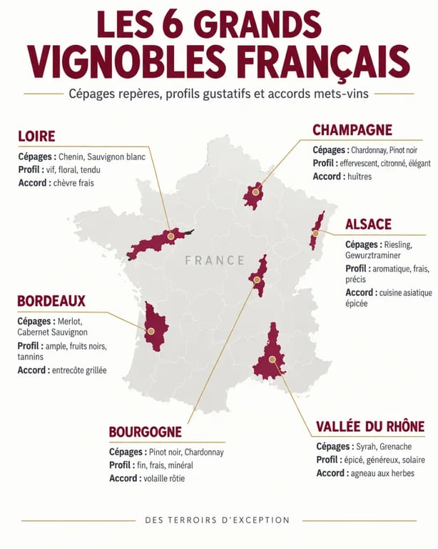 Infographie sur les grands vins de France par région, cépages, profils et accords mets-vins