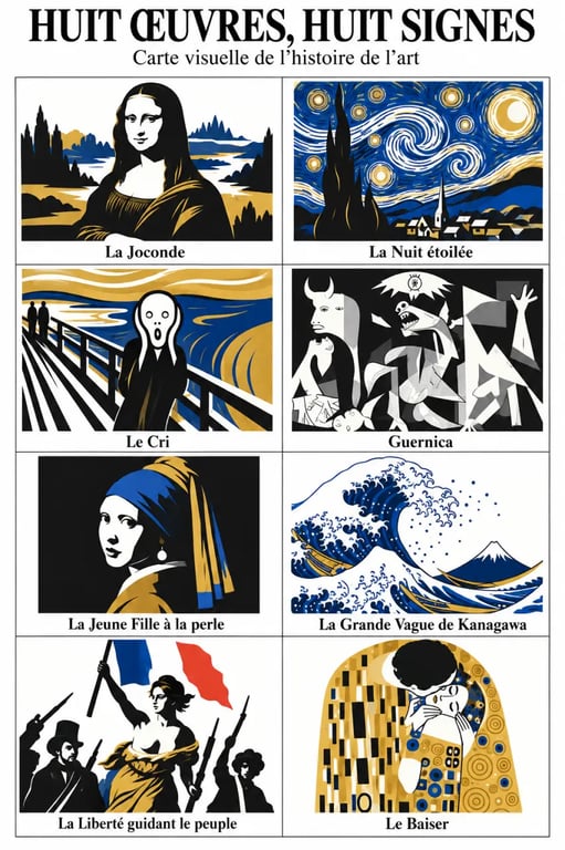 Carte visuelle de huit œuvres d’art connues avec leurs principaux indices de reconnaissance