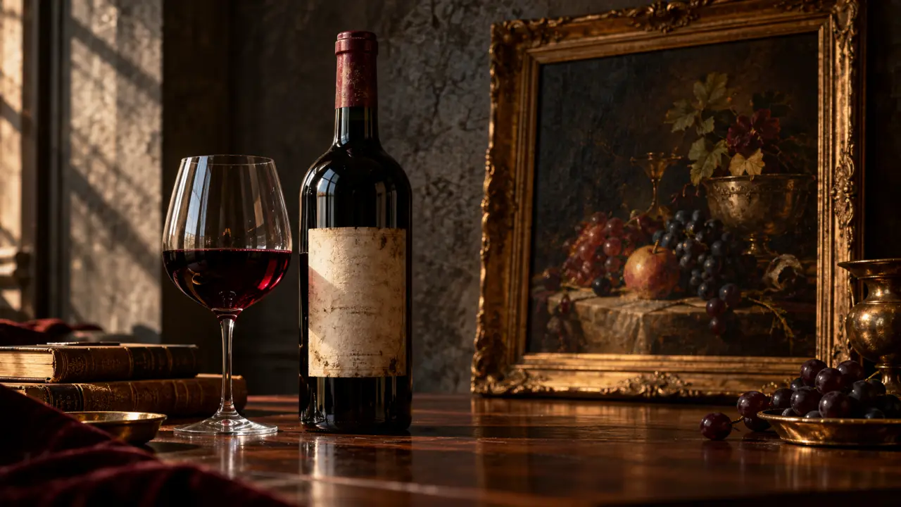 Bouteille de vin millésimé et détail d'une toile ancienne dans une lumière dramatique