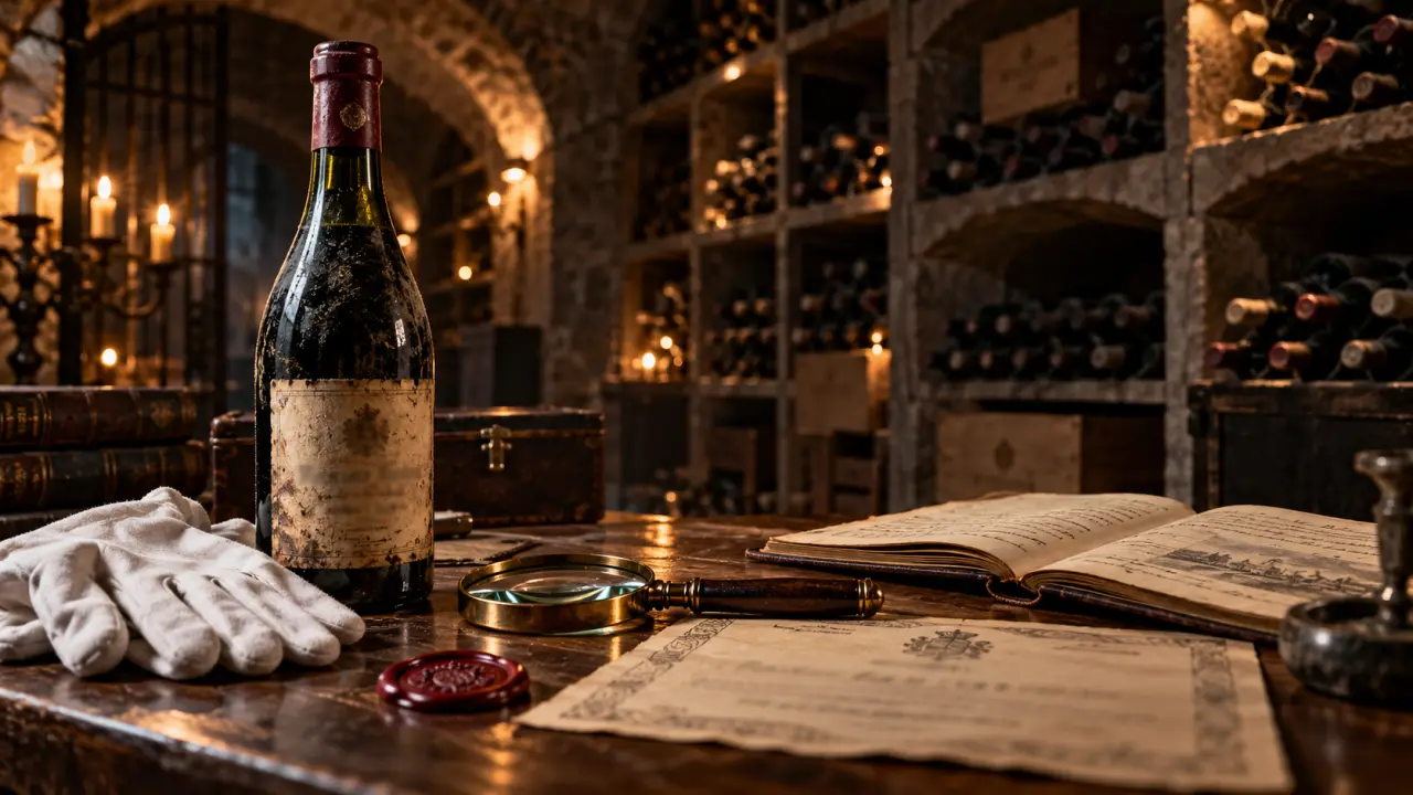 Bouteille de vin rare dans une cave patrimoniale, éclairée de façon dramatique