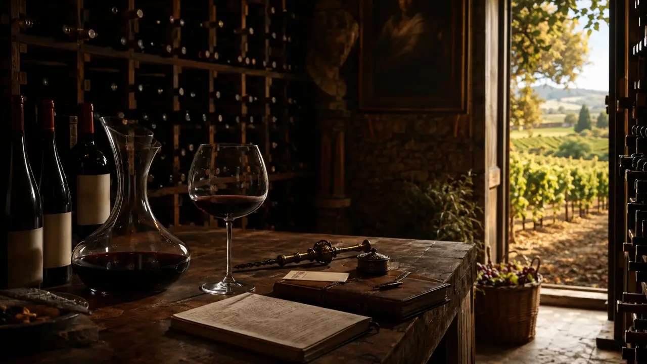 Composition éditoriale entre une toile ancienne et une bouteille de vin millésimée dans une lumière dramatique