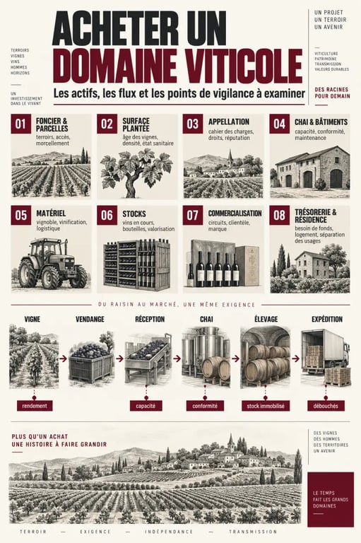 Infographie sur les critères d’achat d’un domaine viticole à évaluer avant acquisition