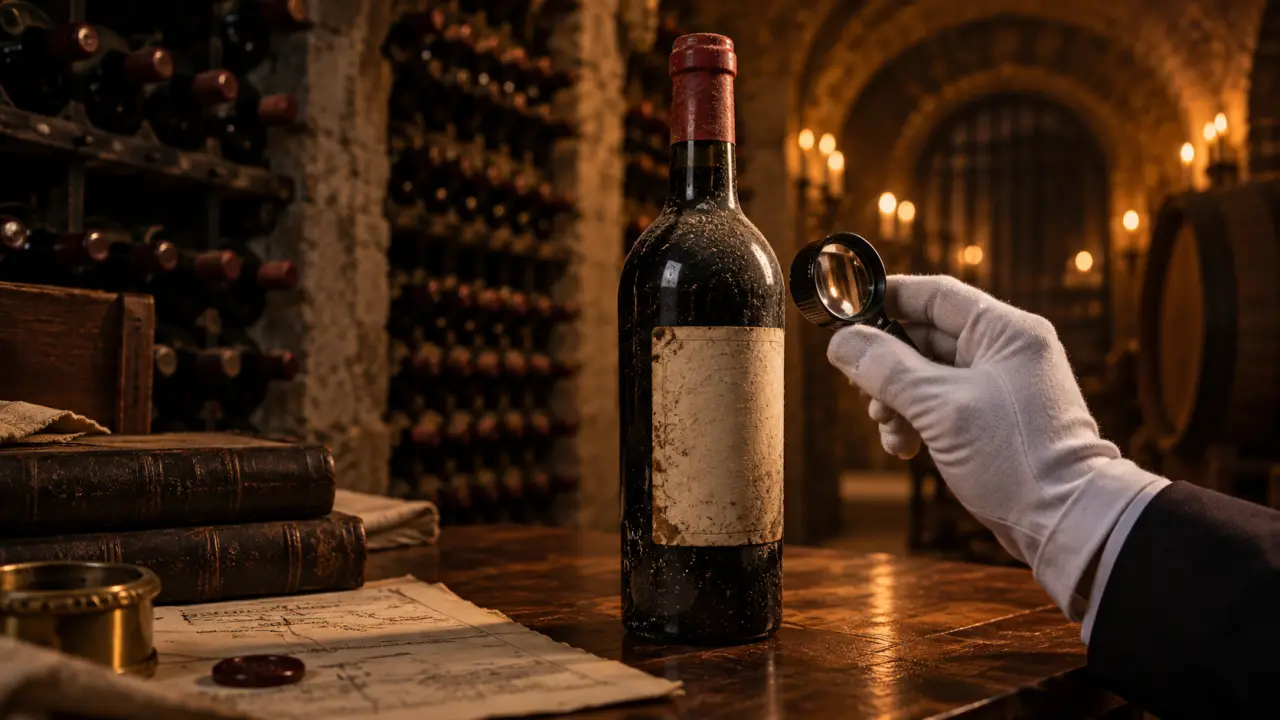 Bouteille de grand cru dans une cave sombre, éclairée avec élégance