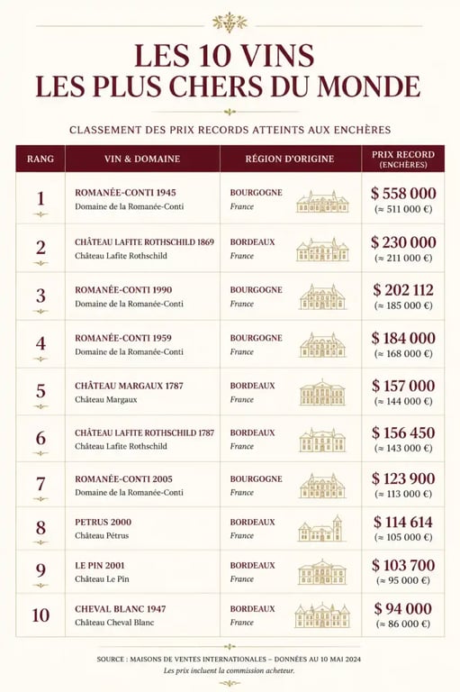 Classement des 10 vins les plus chers du monde avec prix et régions