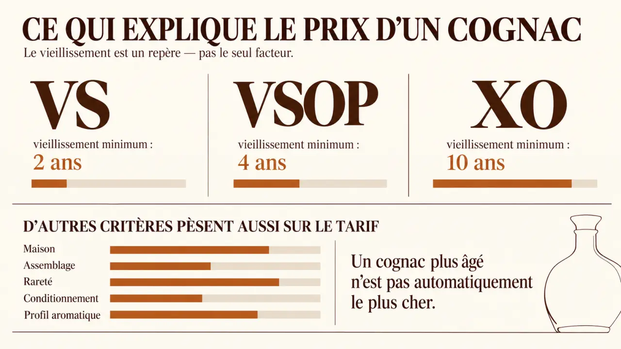 Infographie sur le prix cognac et les différences entre VS, VSOP et XO