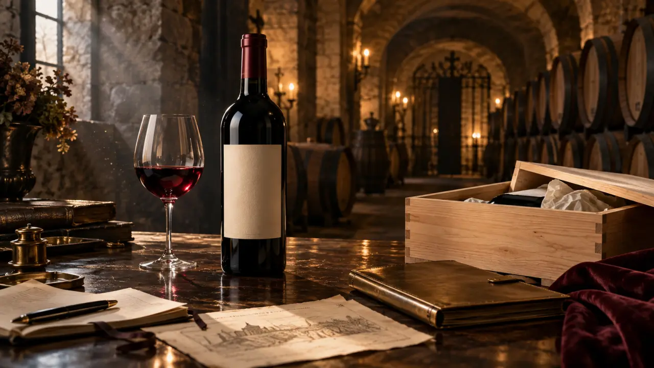 Bouteille de grand cru dans une cave sombre, symbole d'un investissement en primeur