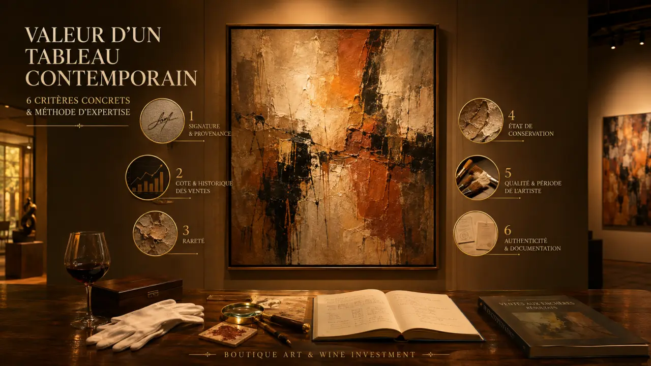 Valeur d’un tableau contemporain : 6 critères concrets et méthode d’expertise