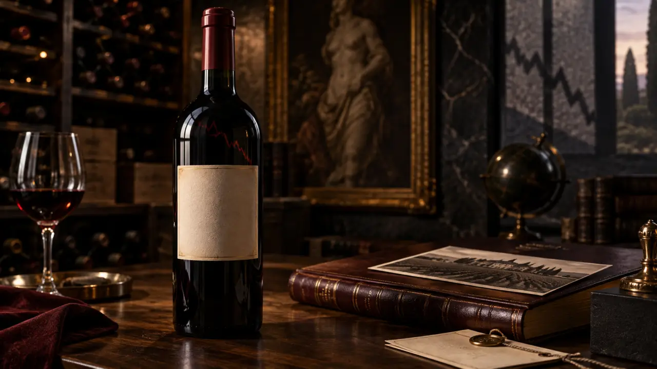 Bouteille de vin ancien et texture d'une toile de maître dans une ambiance clair-obscur