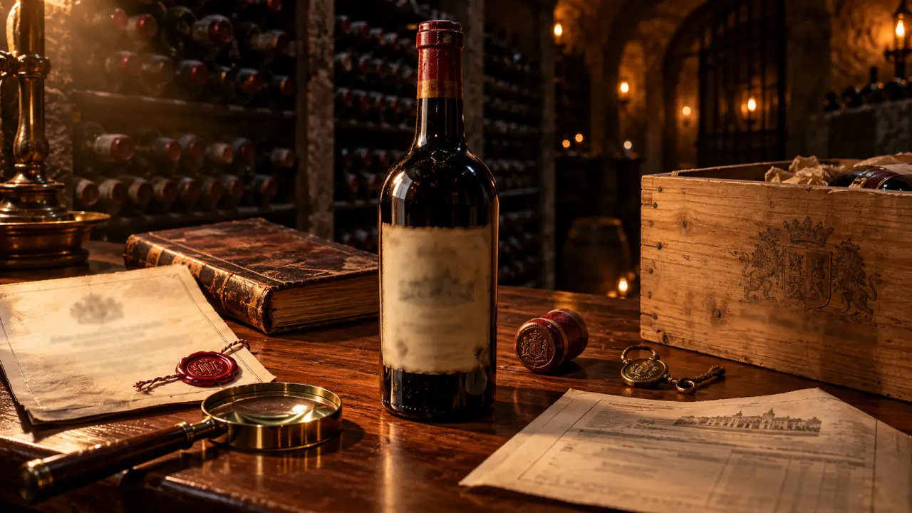 Bouteille de vin rare dans une cave patrimoniale, éclairée avec élégance