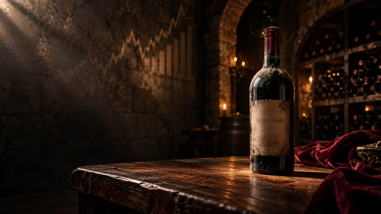 Bouteille de vin millésimé et texture d'une toile ancienne dans une lumière dramatique