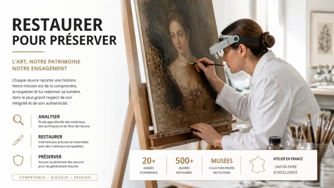 Un professionnel effectuant une restauration de tableaux dans son atelier