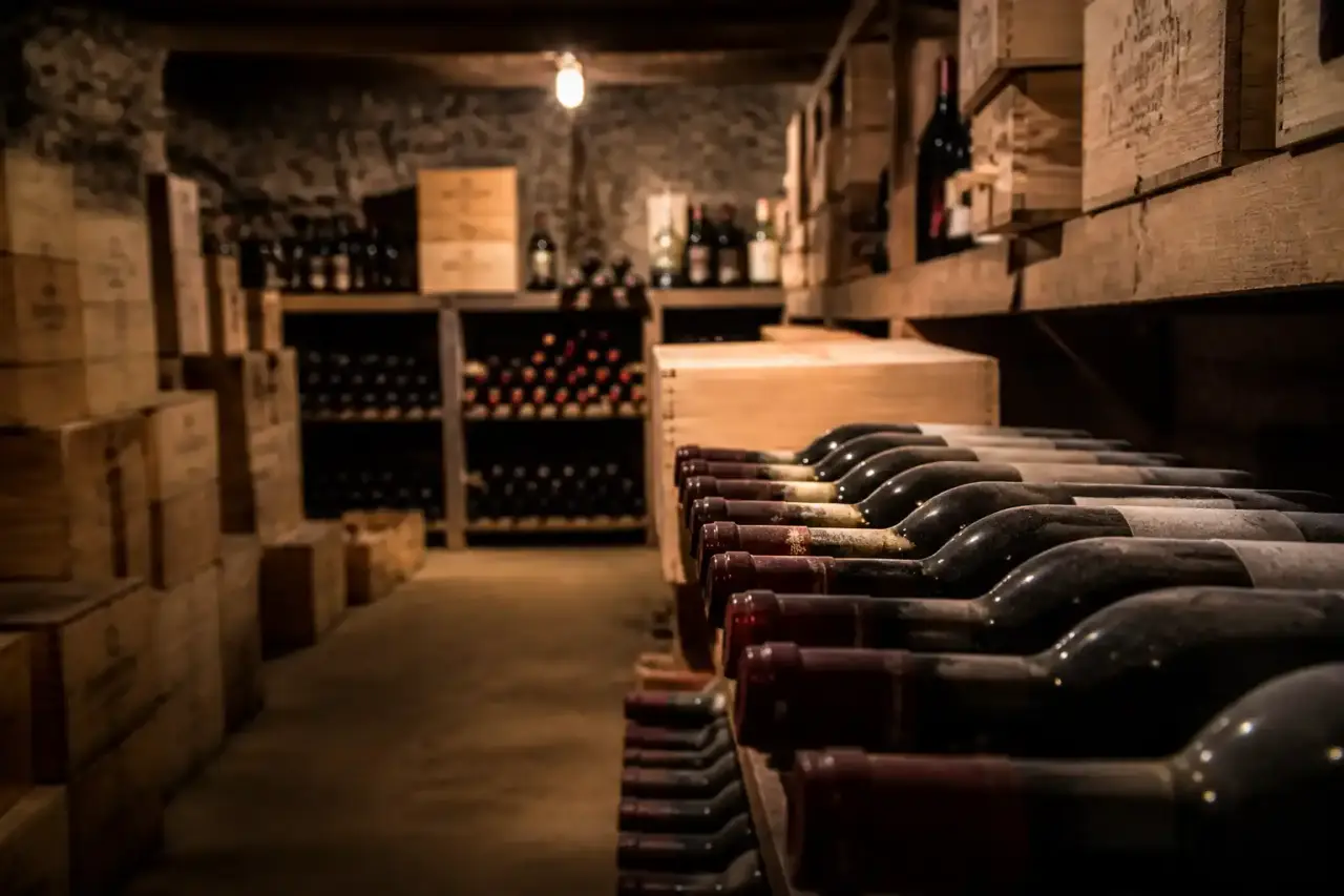 Caisse de grands crus en cave, bouteilles millésimées et clair-obscur patrimonial