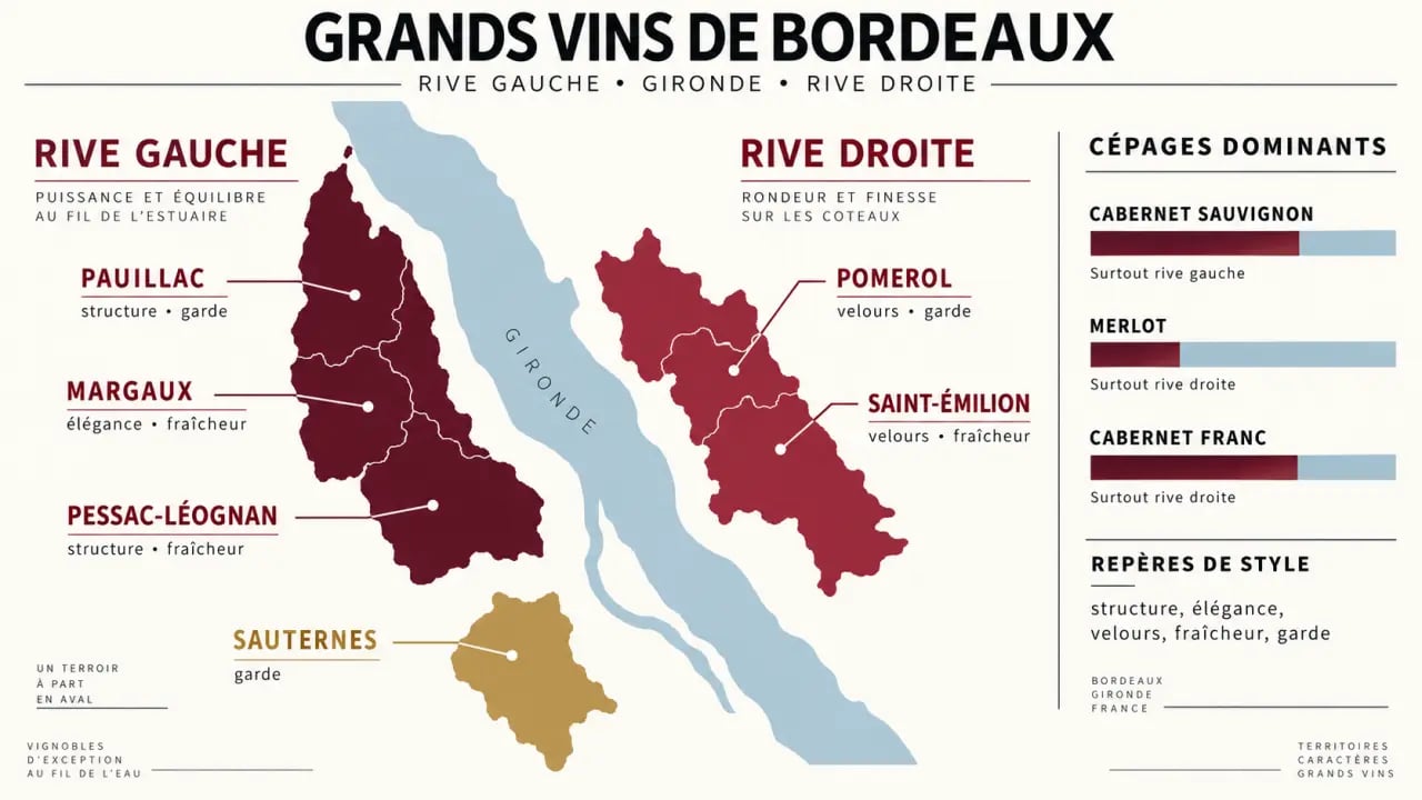 Infographie des grands vins de Bordeaux entre rive gauche, rive droite et Sauternes