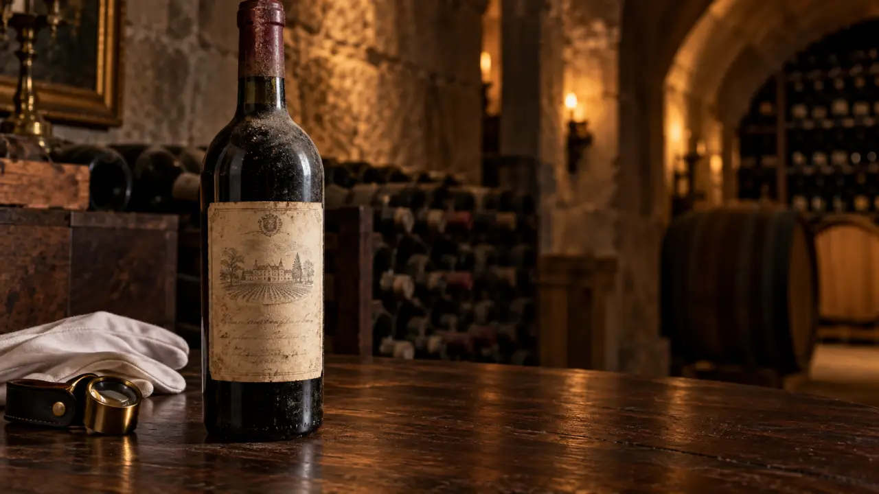 Étiquette ancienne d’un grand vin rare posée près d’une bouteille millésimée