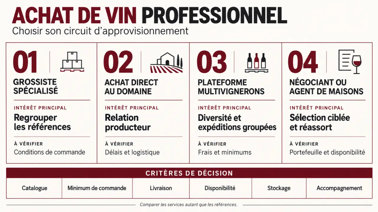 Infographie pour comparer les circuits d’achat de vin professionnel et leurs critères de sélection