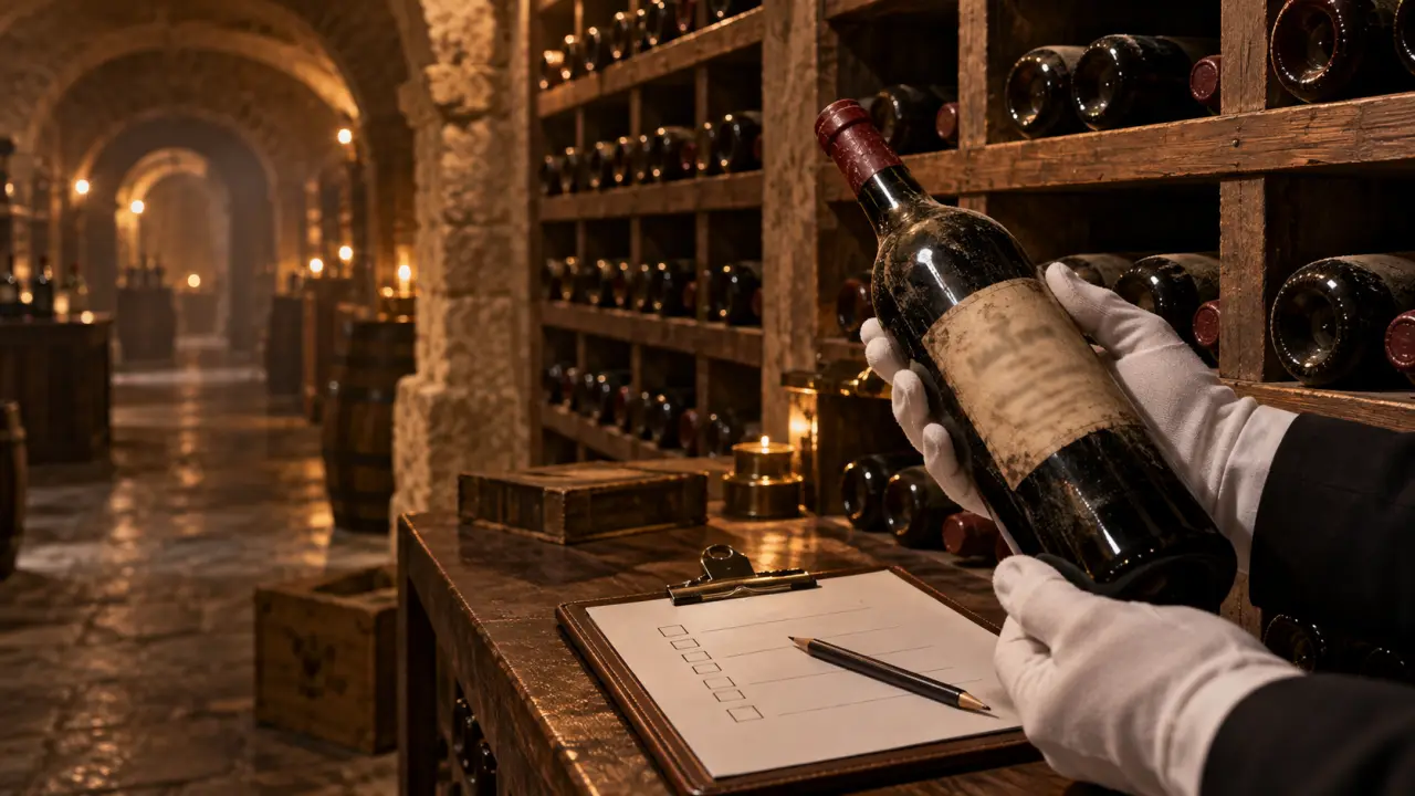 Bouteille de grand cru ancienne dans une cave patrimoniale, lumière dramatique