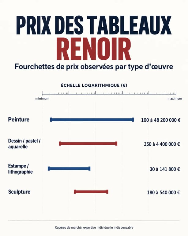 Infographie du prix tableau Renoir selon la technique et le type d’œuvre
