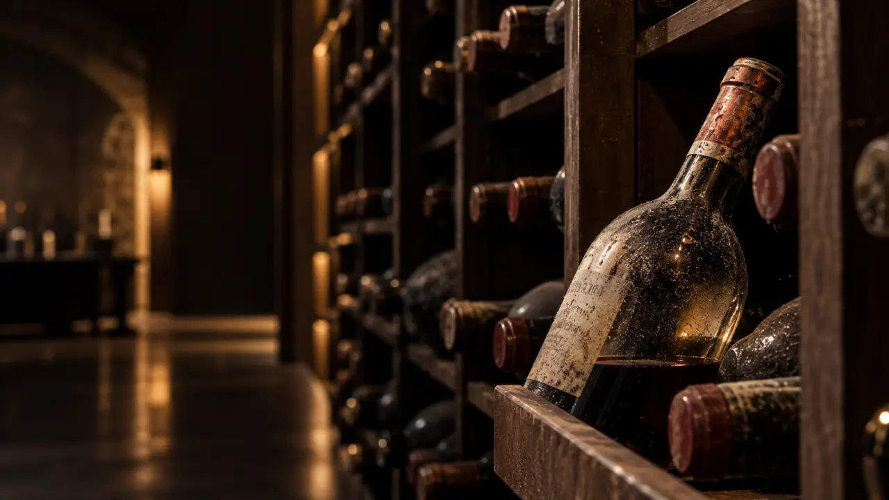 Bouteille de vin ancien conservée dans une cave sombre, éclairée avec délicatesse