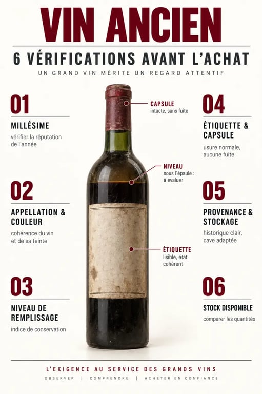 Infographie sur la vente bouteille de vin ancienne et les vérifications avant l’achat