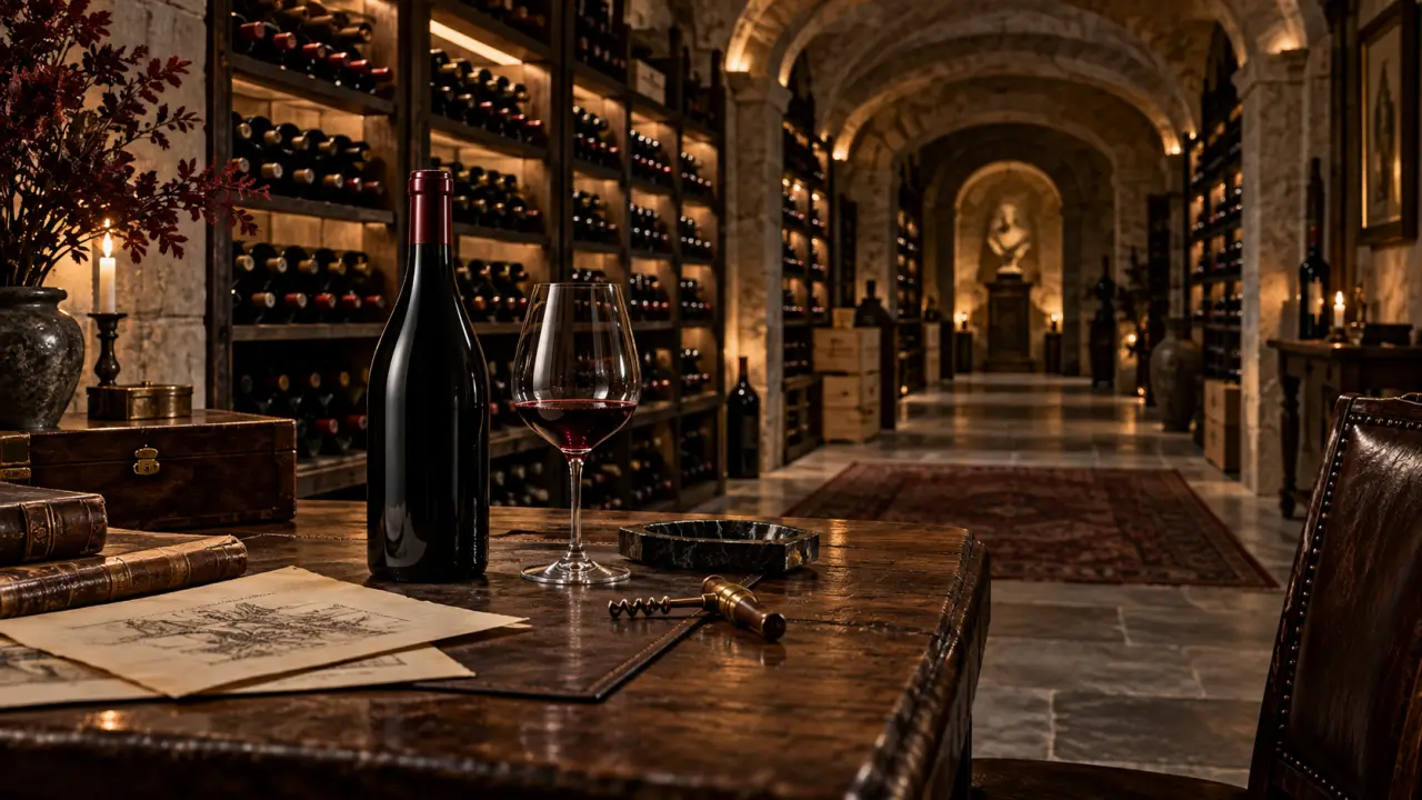 Bouteilles de grands crus conservées dans une cave élégante et sombre