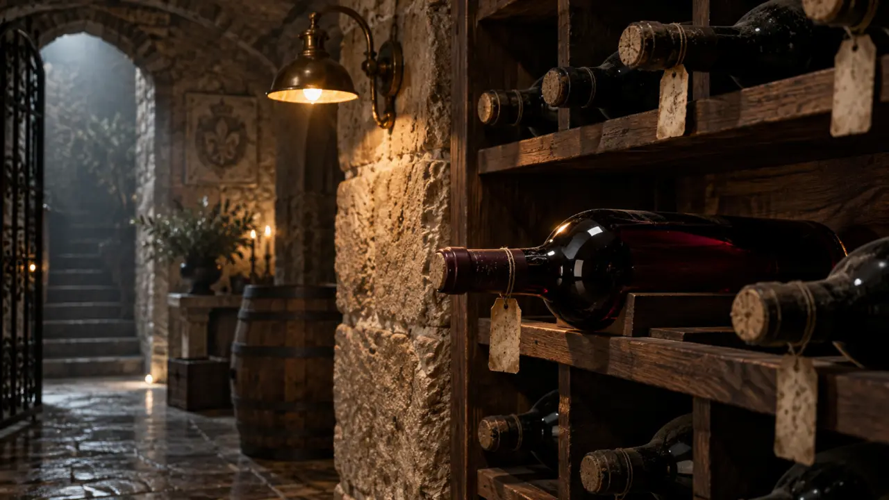 Bouteille de vin rare dans une cave aux lumières dramatiques