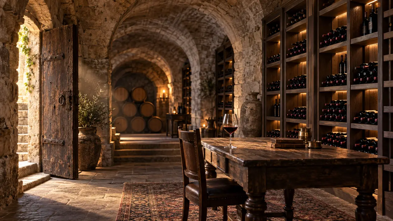 Bouteilles de grands crus dans une cave ancienne à la lumière tamisée