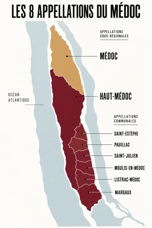 Carte infographique des appellations de la liste des vins du Médoc